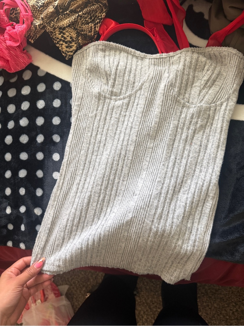 Strapless Ribbed Knit short set  - Gray